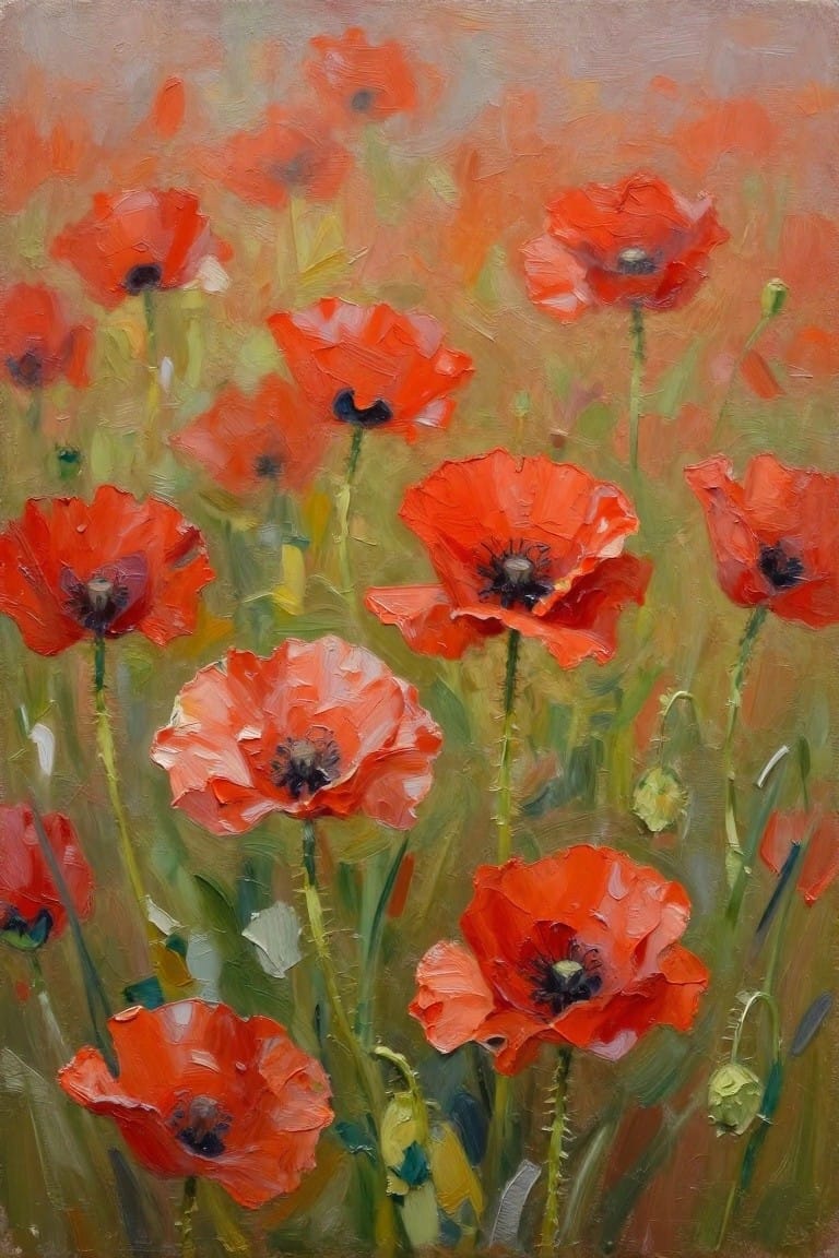 Vibrant red poppies blooming in a green field, textured oil painting with thick strokes
