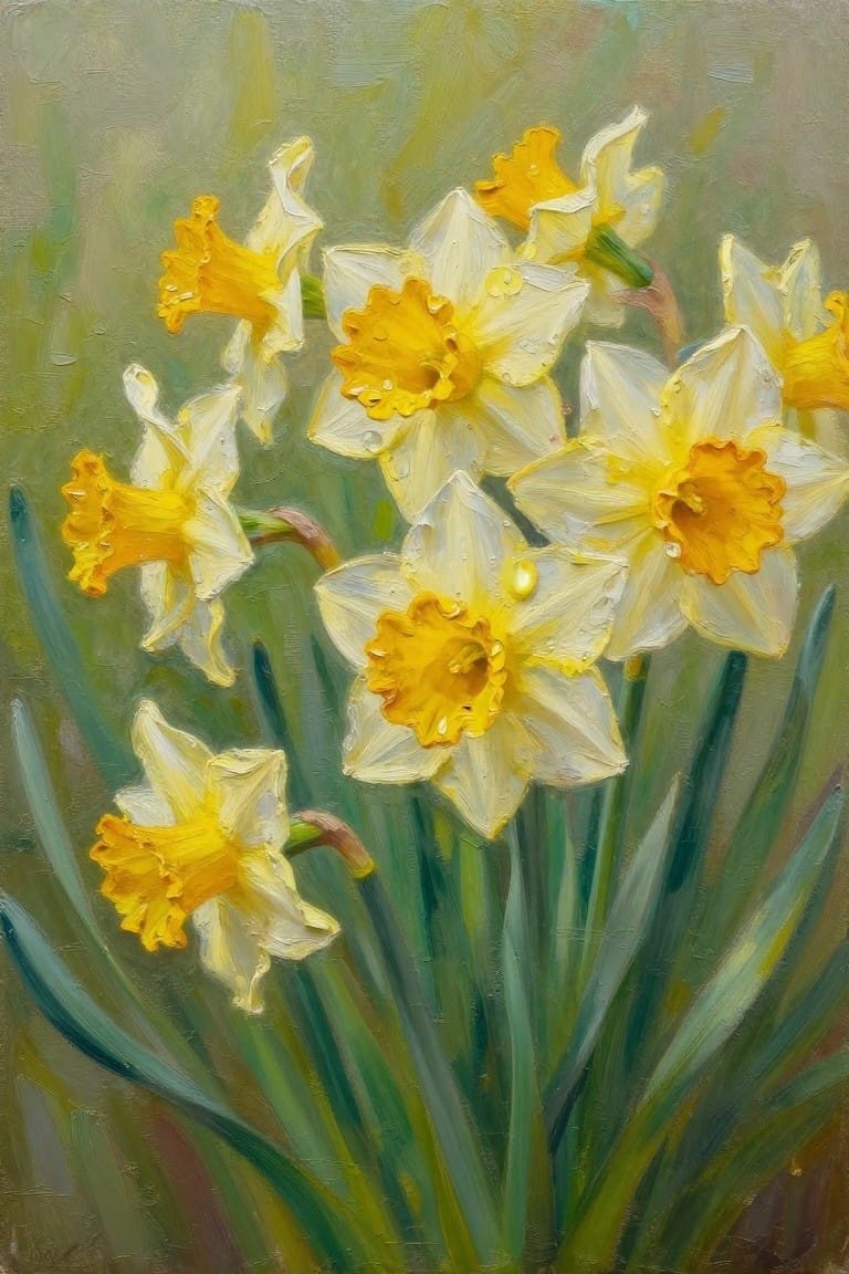 An oil painting of several yellow and white daffodils with water droplets on the petals, set against soft green foliage and stems.