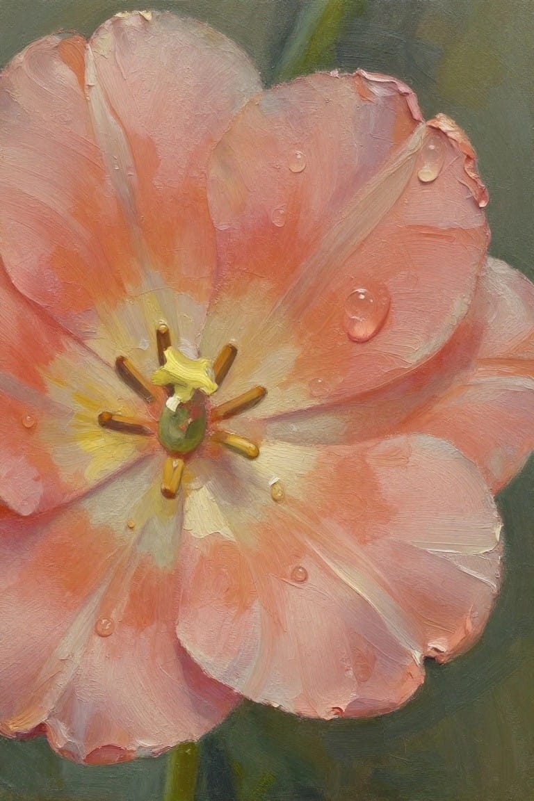 Close-up oil painting of a pink tulip with water droplets on the petals and visible yellow and brown stamens in the center.