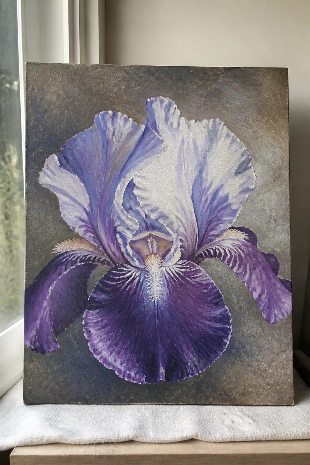 Detailed painting of vibrant purple iris with white and yellow accents on dark background
