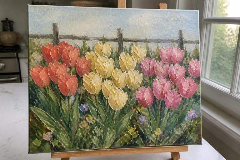 20 Brilliant Spring Garden Oil Painting Ideas to Capture Peak Flower Season Colorful oil painting of red, yellow, and pink tulips on a wooden easel.