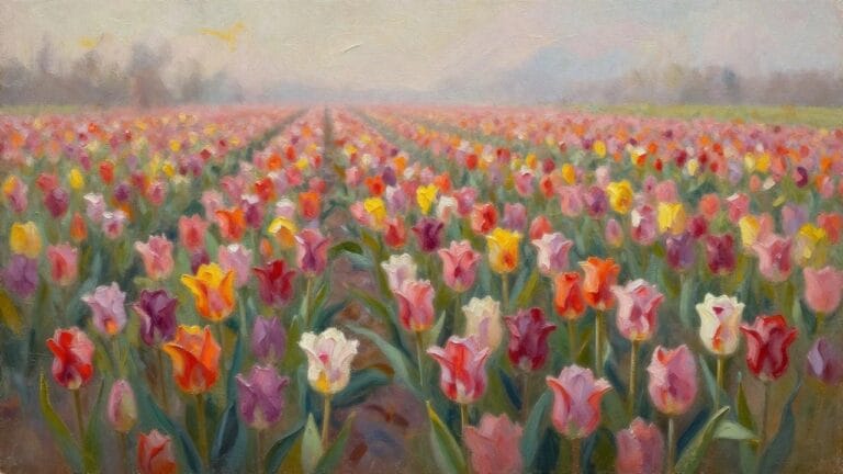 20 Brilliant Spring Garden Oil Painting Ideas to Capture Peak Flower Season An oil painting of colorful tulip rows stretching into a misty field at sunrise.