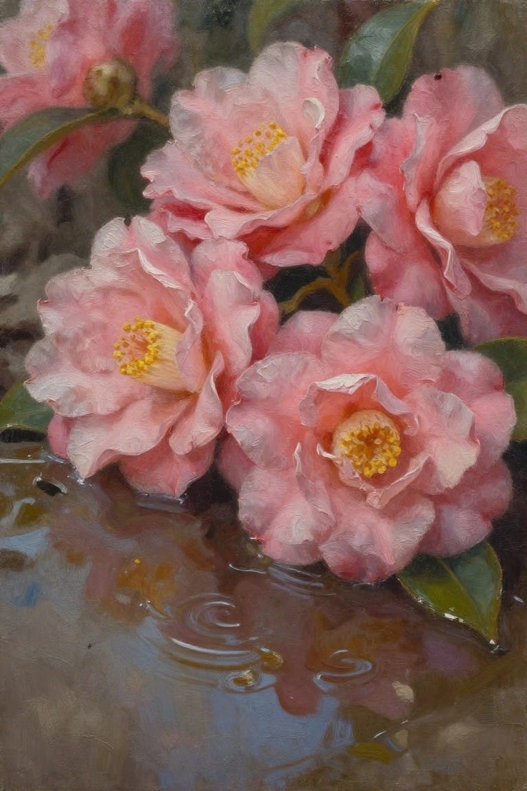 Pink camellias with yellow centers floating on rippled reflective water
