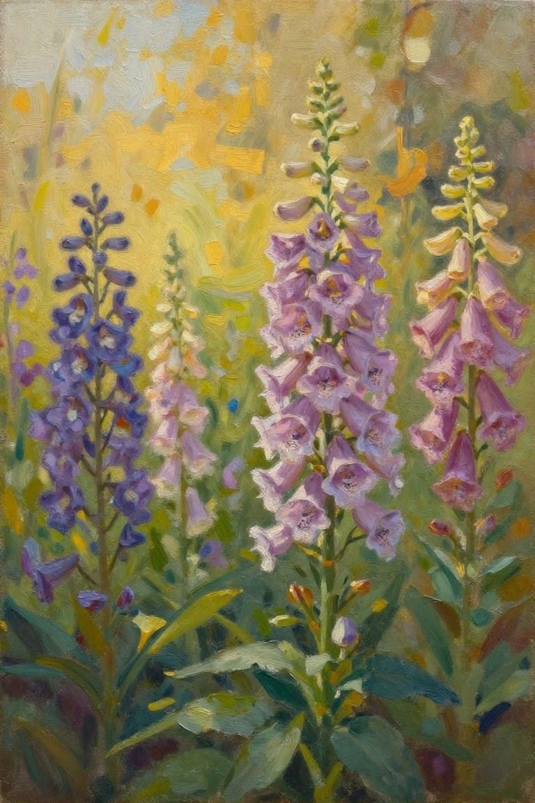 An oil painting of tall purple and blue foxglove flowers growing among green leaves with a soft yellow and green background.
