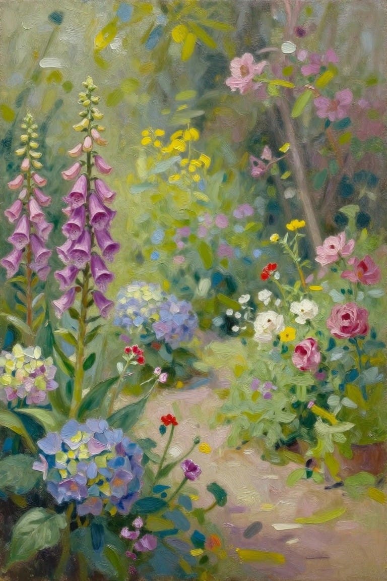 An oil painting of a spring garden path lined with tall purple foxgloves, blue hydrangeas, pink roses, and scattered yellow flowers amid green foliage.
