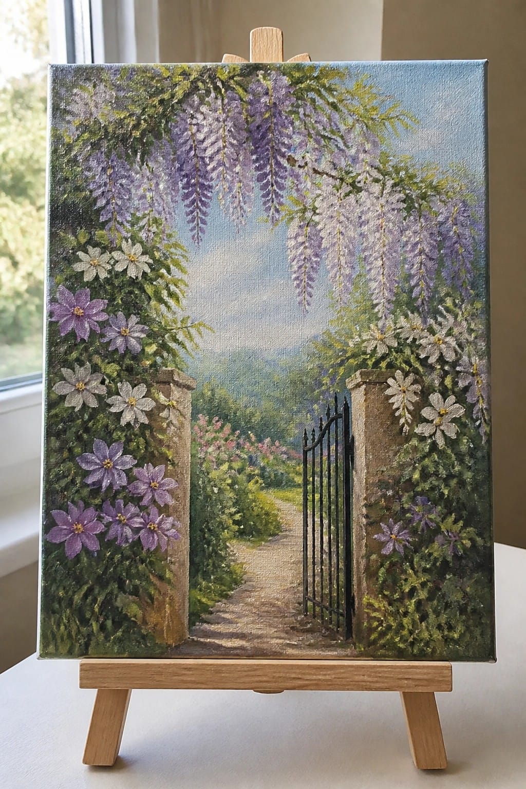 Painting on easel depicts wisteria arch over garden path with open black gate.