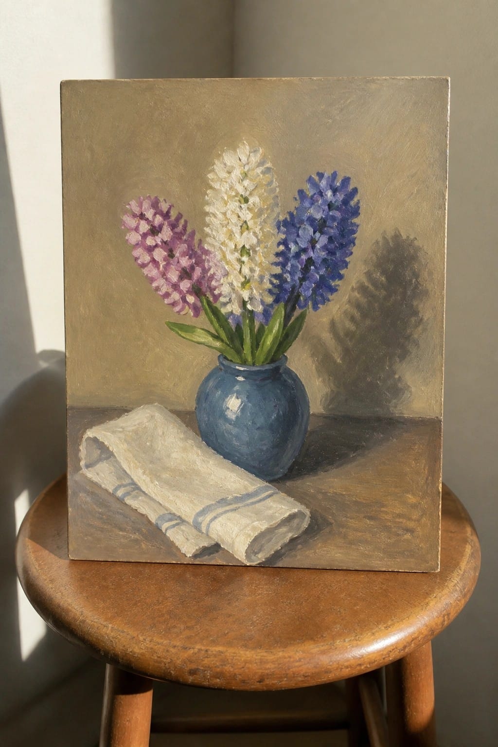 Still life painting of purple, white, and blue hyacinths in blue vase with cloth on stool
