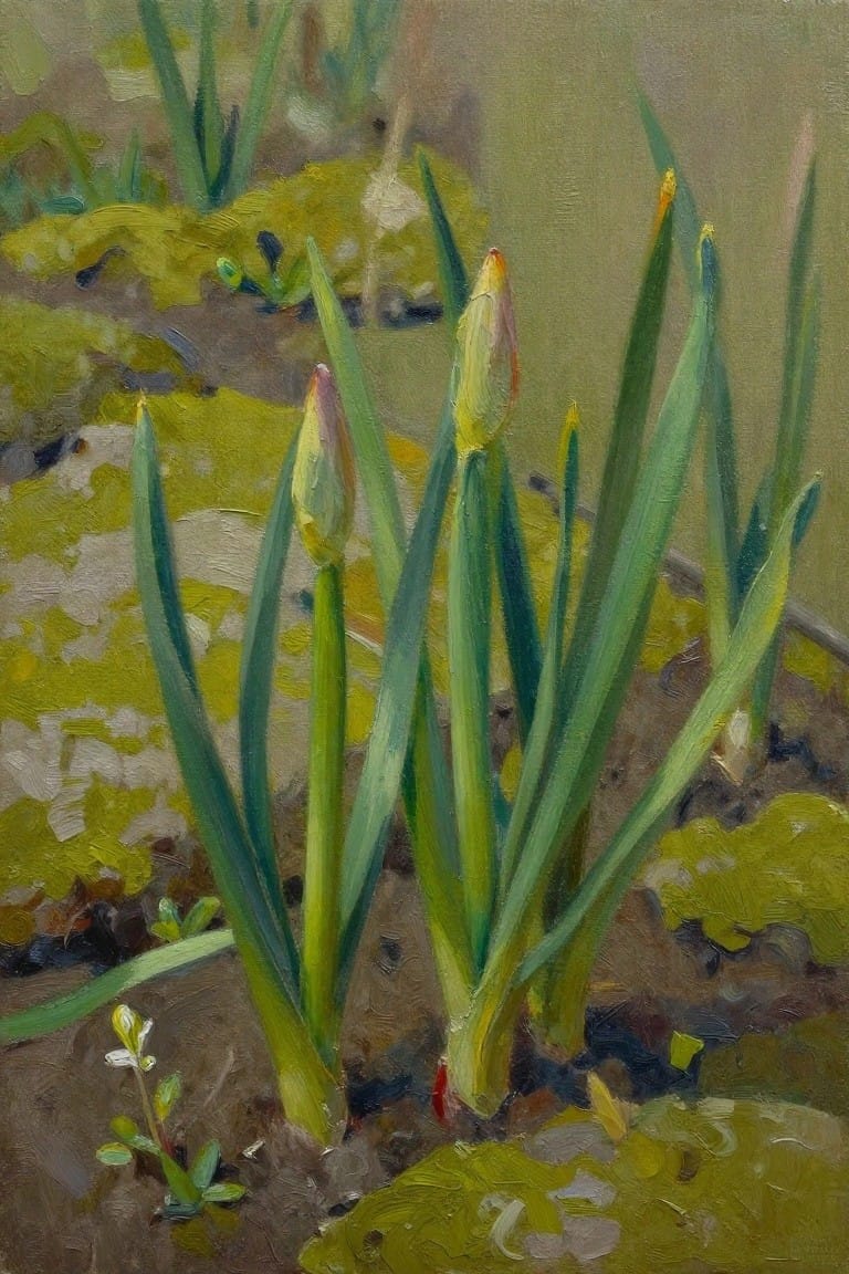 Green leaves and yellow-tipped buds rising from garden soil in oil painting.