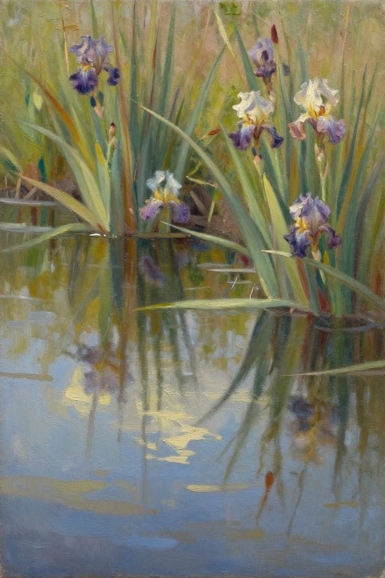 Purple irises blooming among green reeds with reflections in blue water.