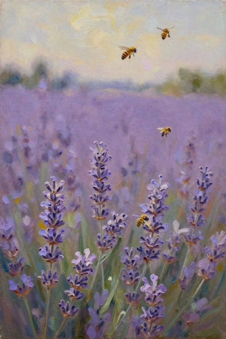 An oil painting of a lavender field with purple flowers and several yellow and black bees flying above them under a pale sky.