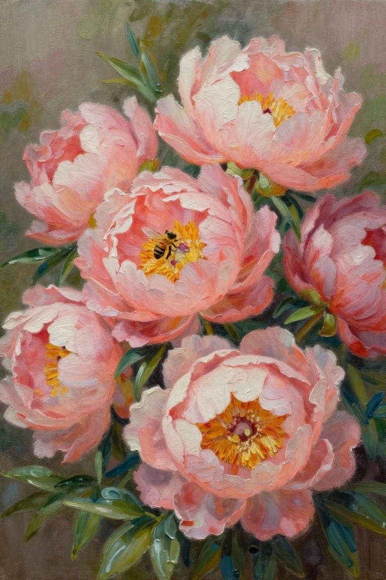 Oil painting of pink peonies with a bee on one bloom and green leaves.