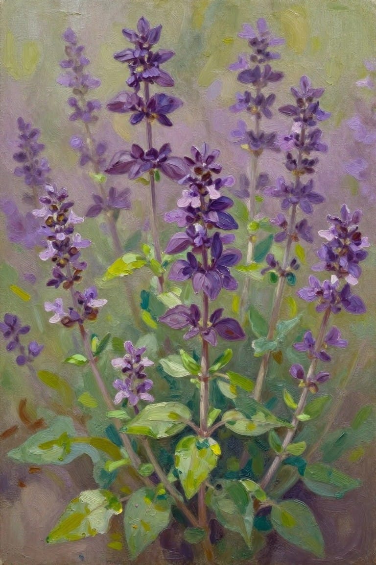Purple lavender blooms on tall stems amid lush green leaves in soft light