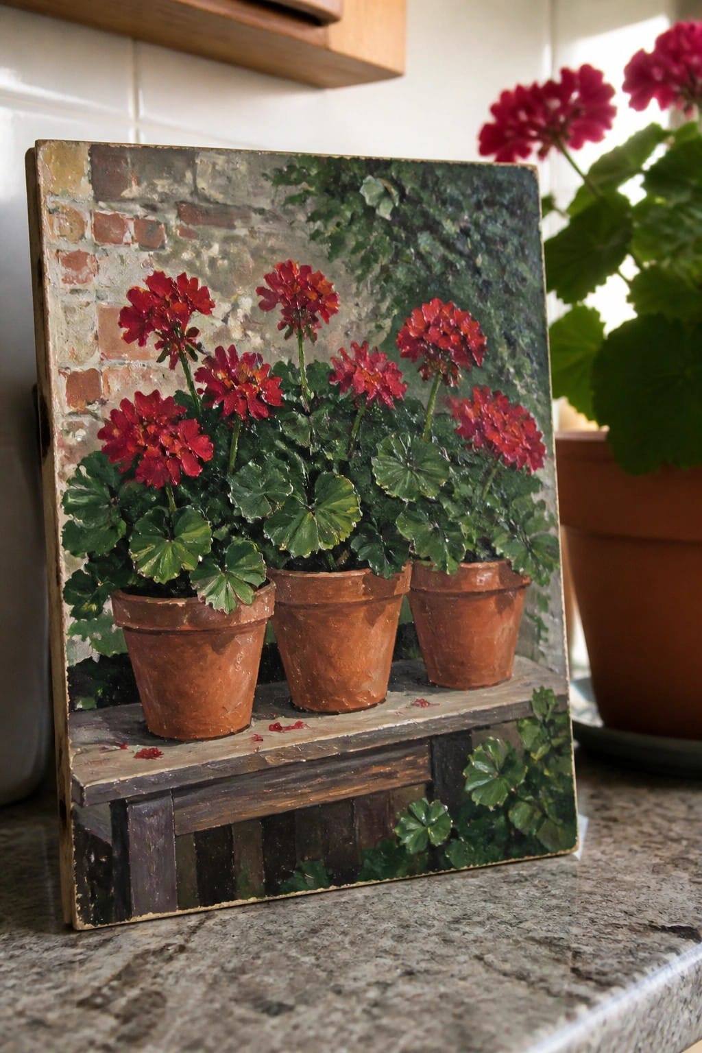 Impasto painting of three red geraniums in terracotta pots on wooden ledge