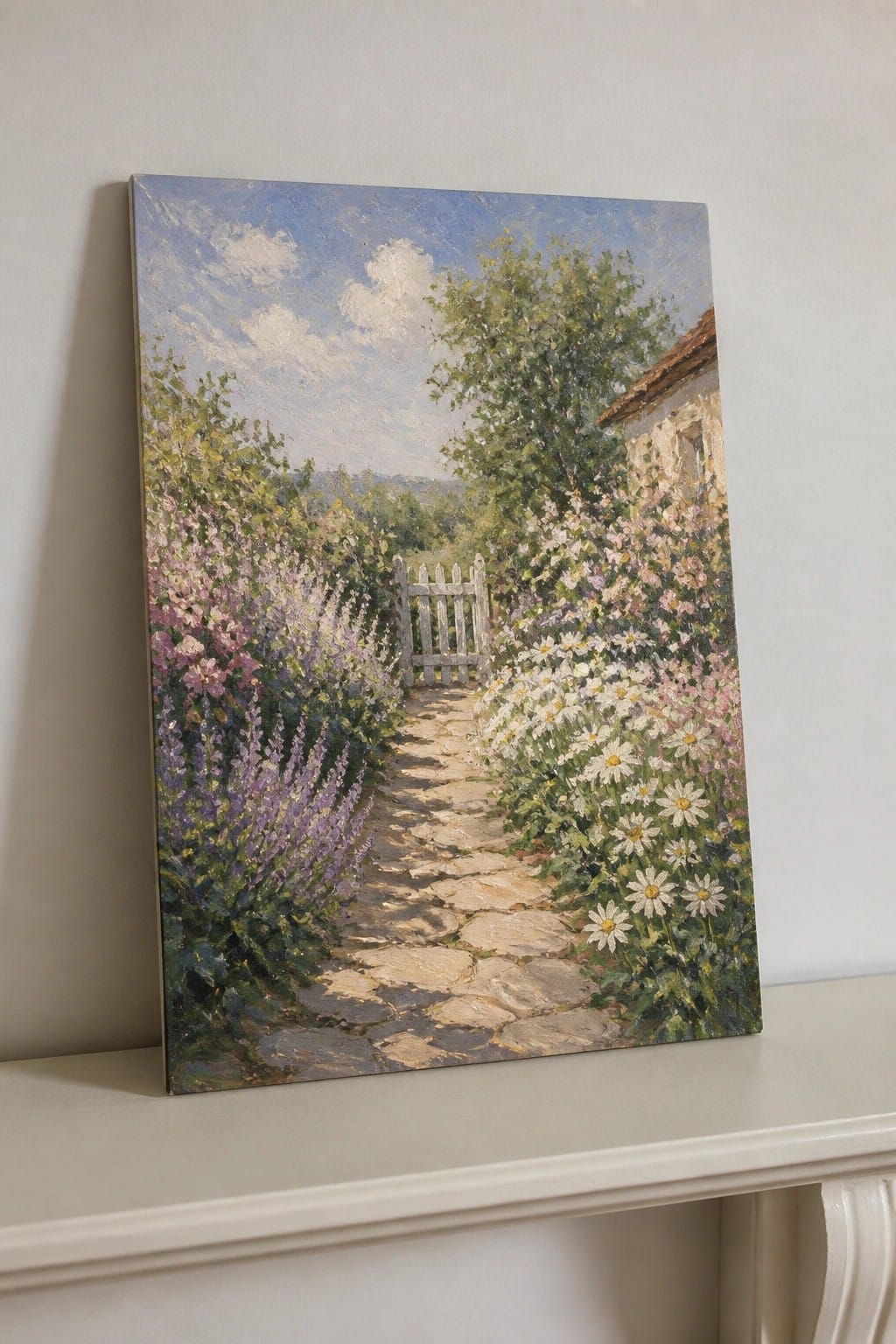 Colorful garden painting of stone path lined with purple, pink, and white flowers to white gate.
