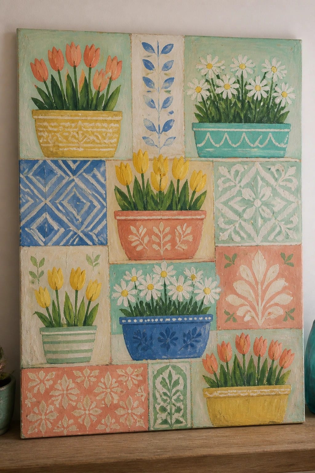 Colorful folk art painting of potted tulips and daisies in patterned tile grid.