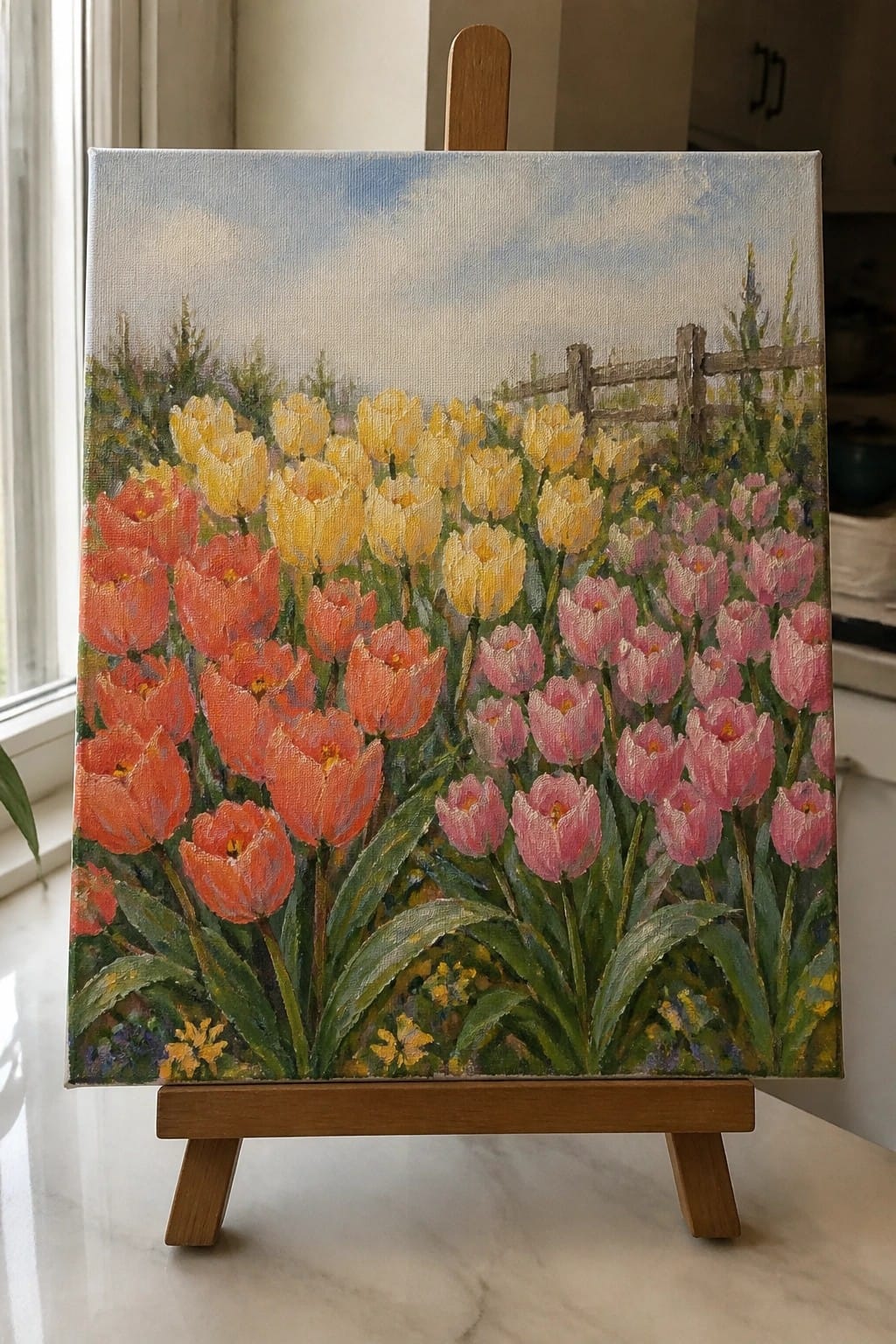 Colorful oil painting of red, yellow, and pink tulips on a wooden easel.