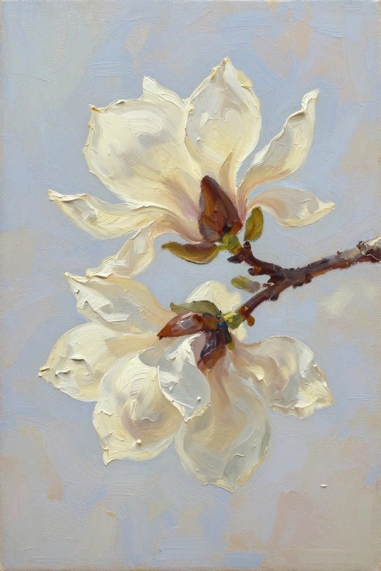 An oil painting of two white magnolia flowers with brown centers on a branch against a light blue background.