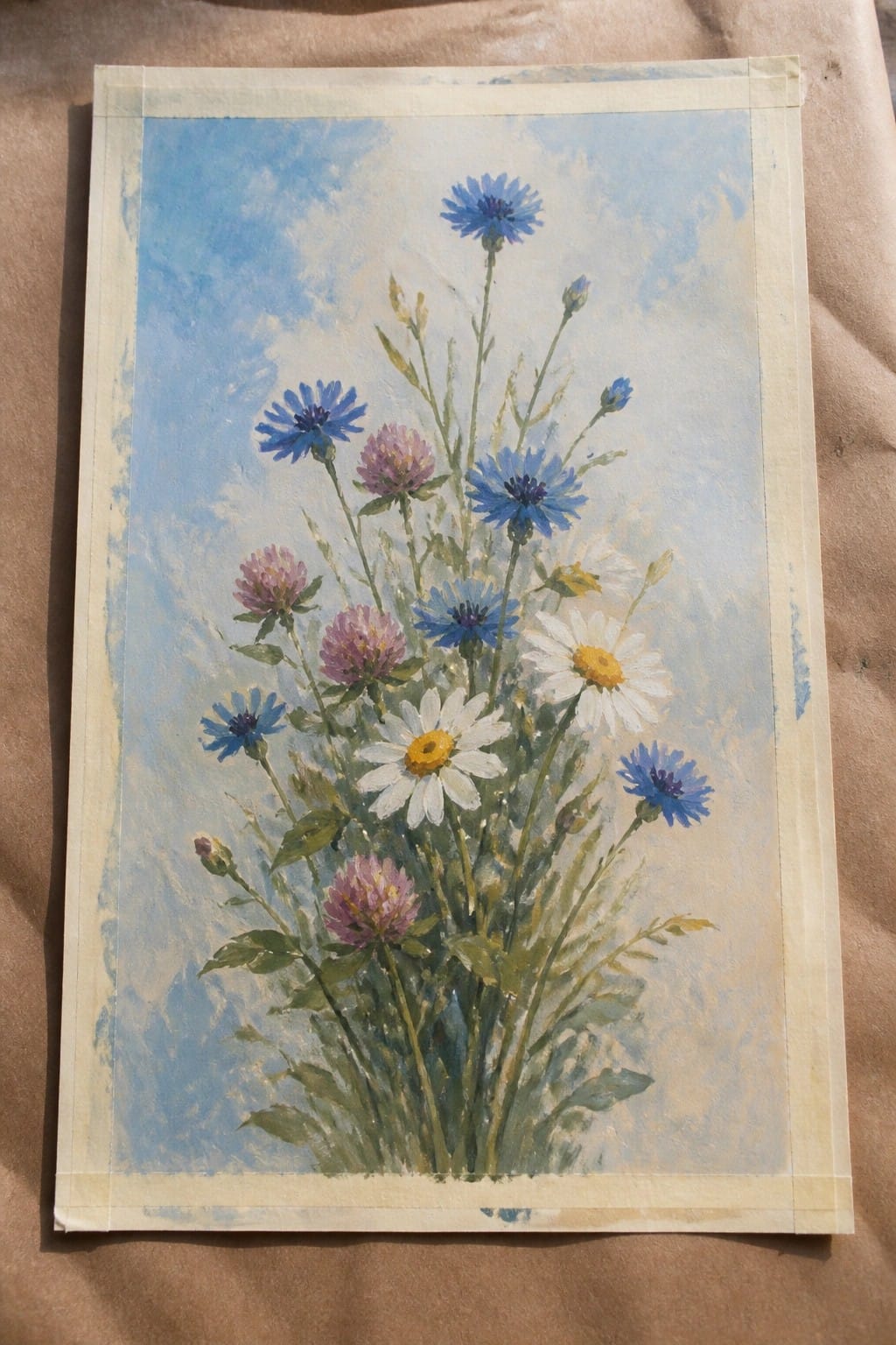 Watercolor painting of blue cornflowers, pink blooms, white daisies on blue sky background with tape borders