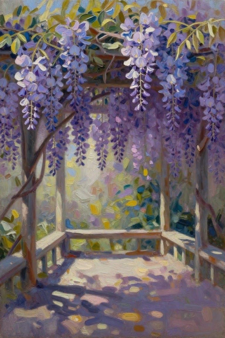 An oil painting of a wooden garden arbor draped in purple wisteria with sunlight casting shadows on the floor.