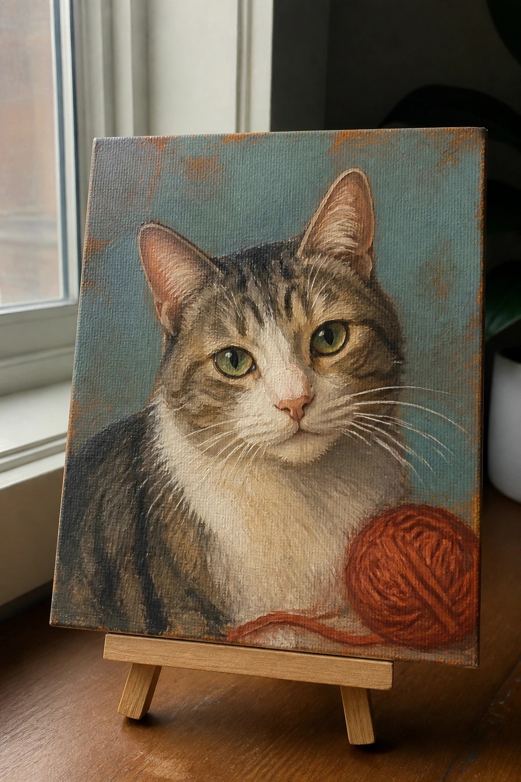 Realistic painting of a gray tabby cat with green eyes beside an orange yarn ball on canvas.