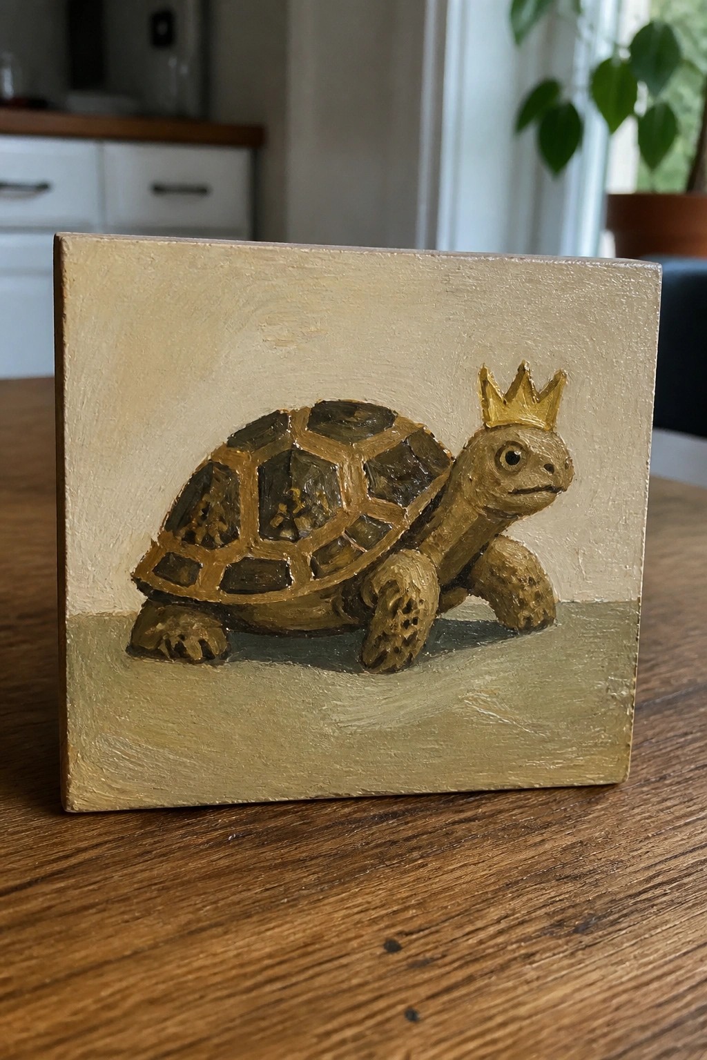 Small canvas painting of brown tortoise with gold crown on wooden table