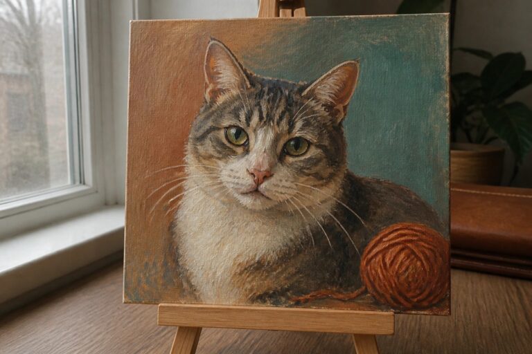 Realistic painting of a gray tabby cat with green eyes beside an orange yarn ball on canvas.