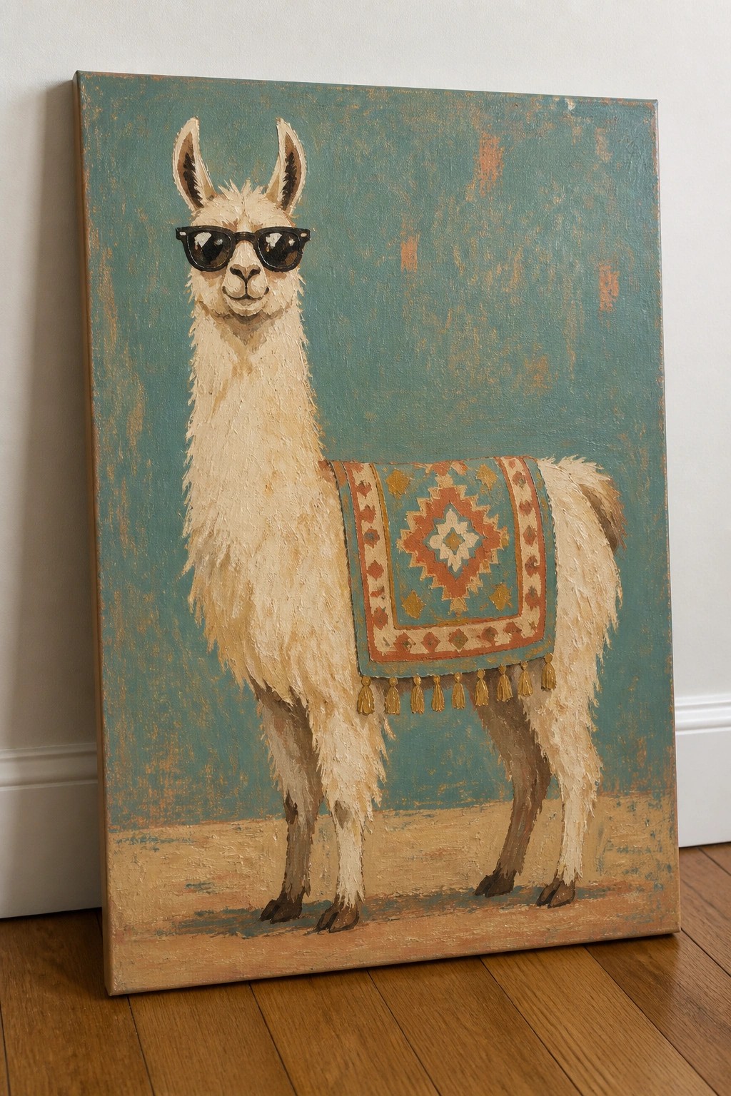 Rustic painting of llama in sunglasses with colorful fringed blanket on teal canvas.