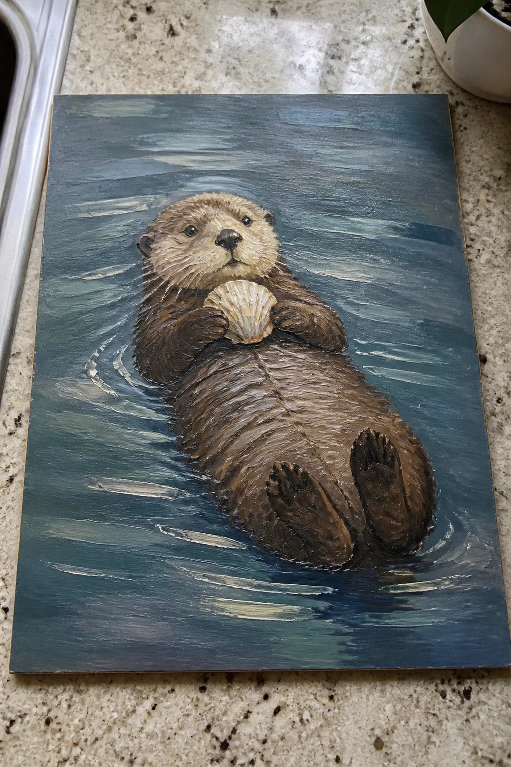 Otter floating on back in blue water holding a seashell, textured oil painting.