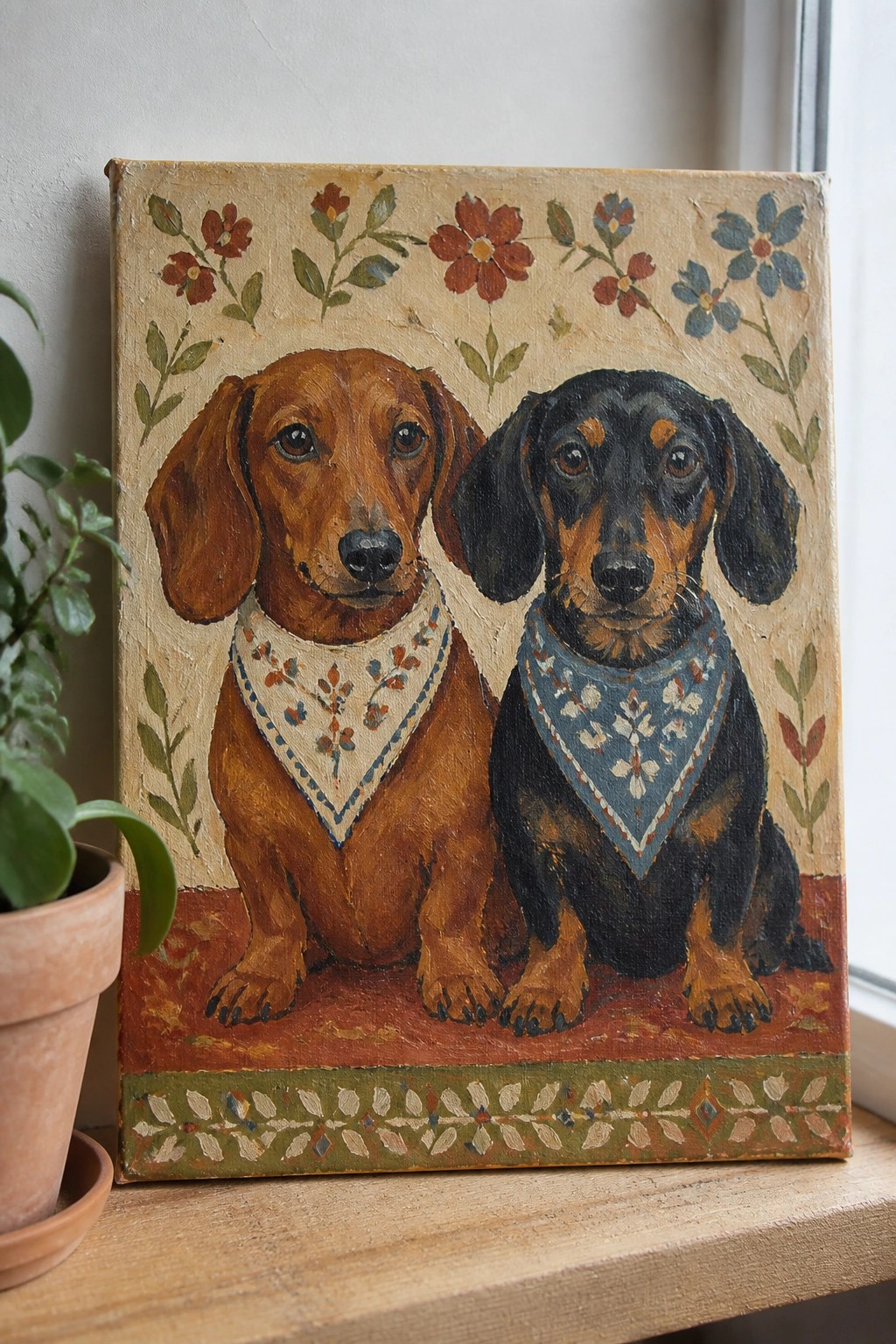 Folk-style painting of two dachshunds in patterned bandanas with floral border decorations