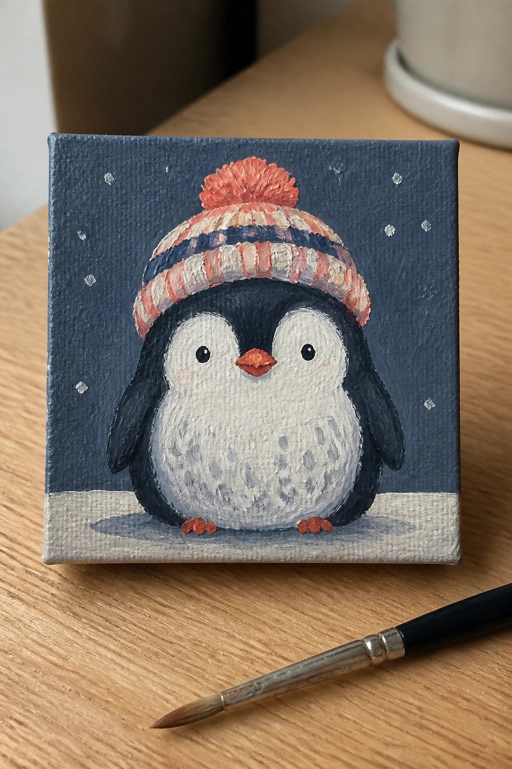 Cute penguin in striped hat on snowy blue canvas with paintbrush nearby