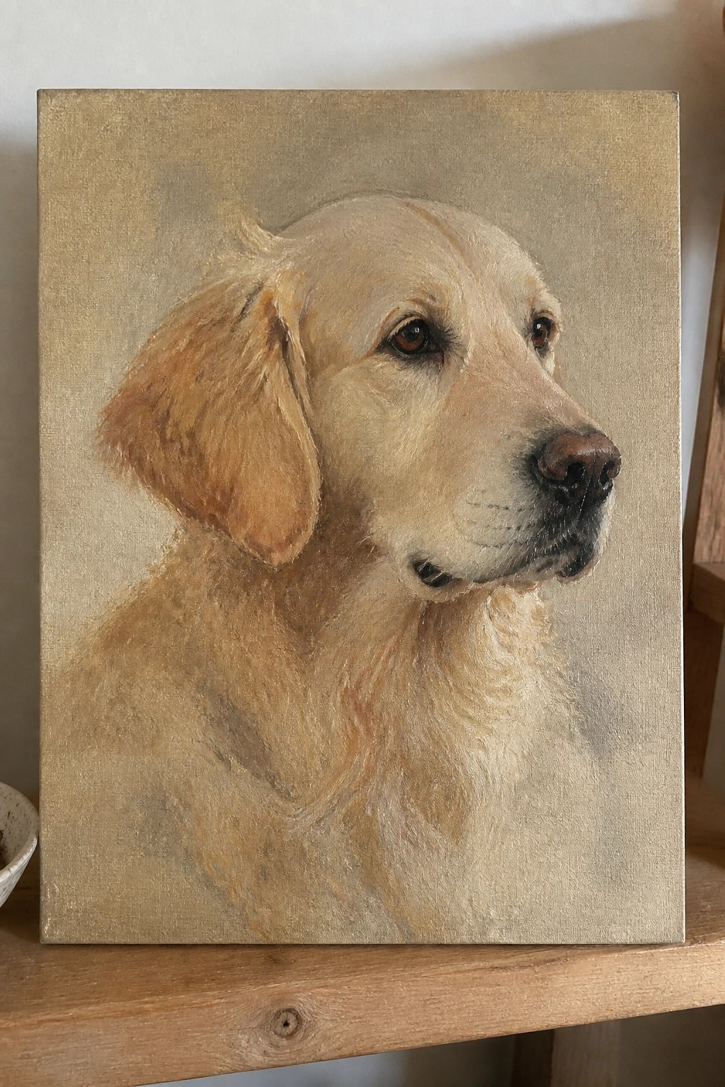 Realistic painting of a golden retriever in profile on wooden surface.