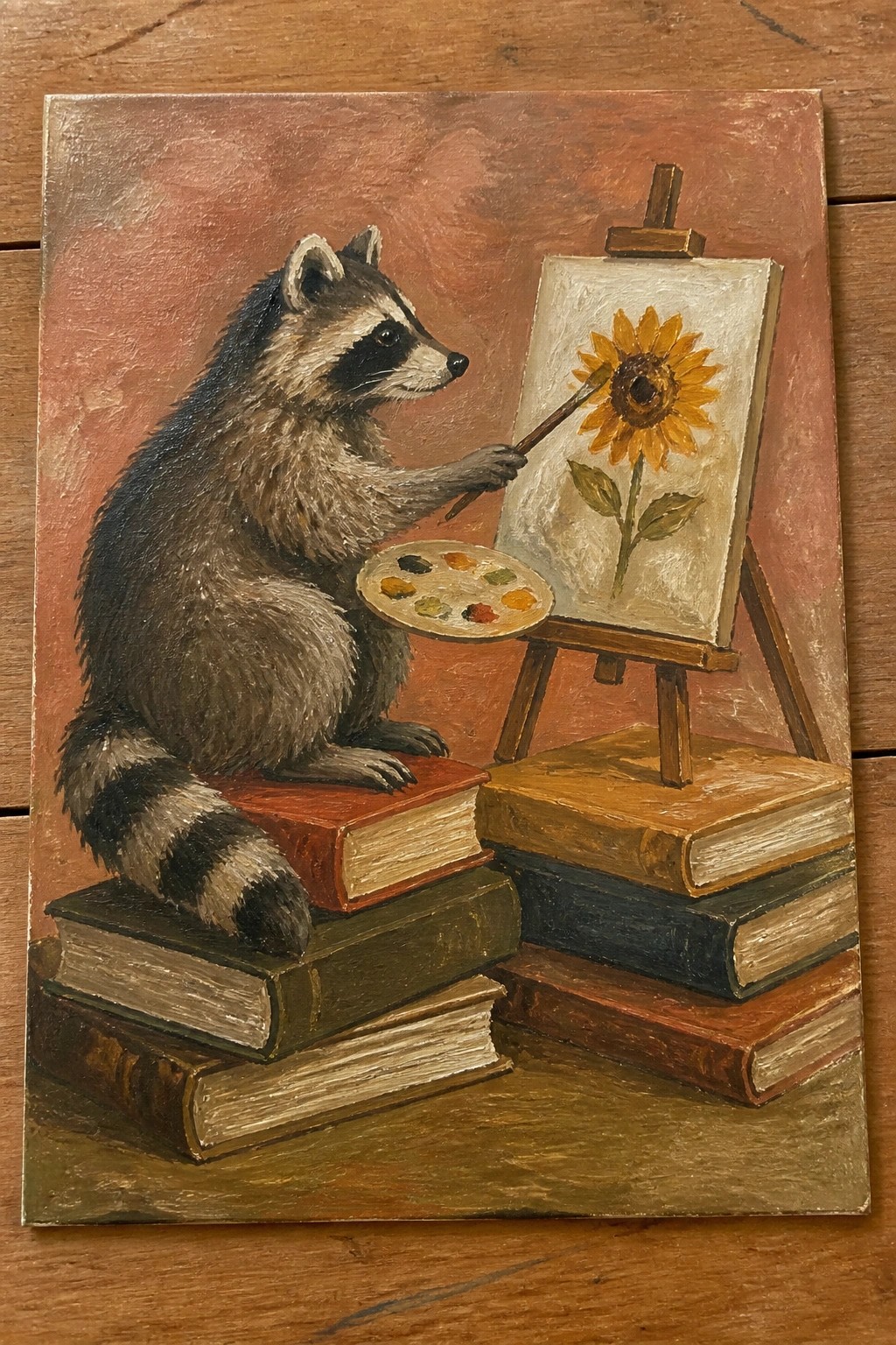 Raccoon on stacked books paints yellow sunflower on easel using palette and brush.