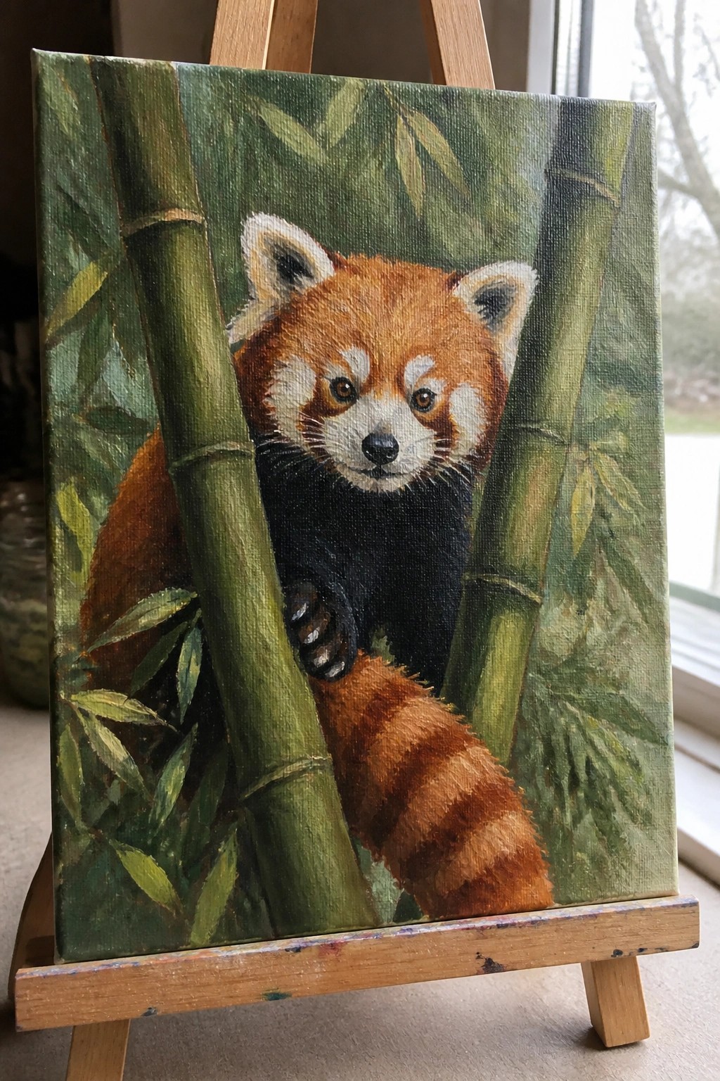 A realistic oil painting of a red panda peeking out from behind green bamboo stalks on a canvas.