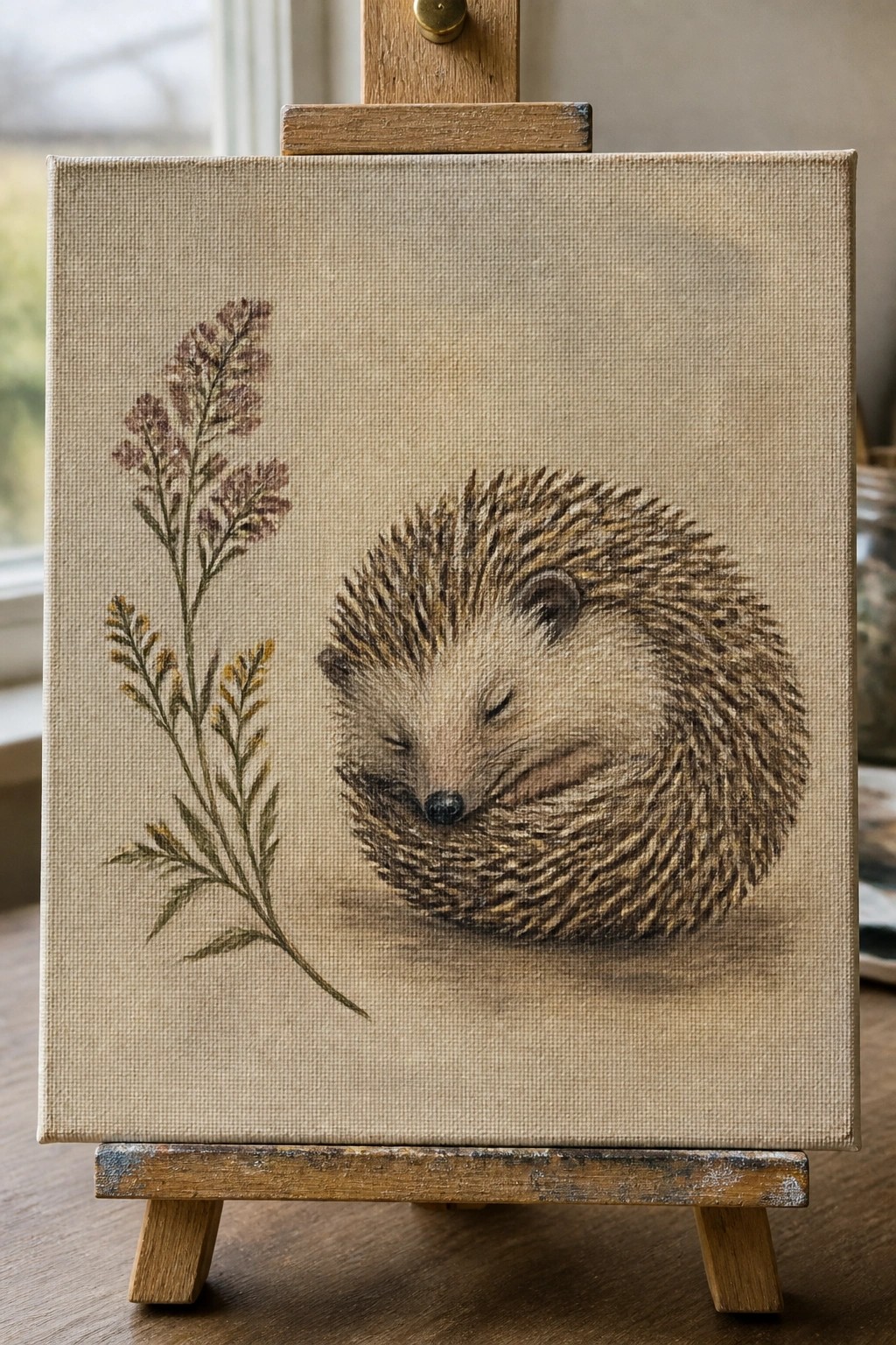 Curled sleeping hedgehog beside dried purple and yellow flowers on canvas easel.