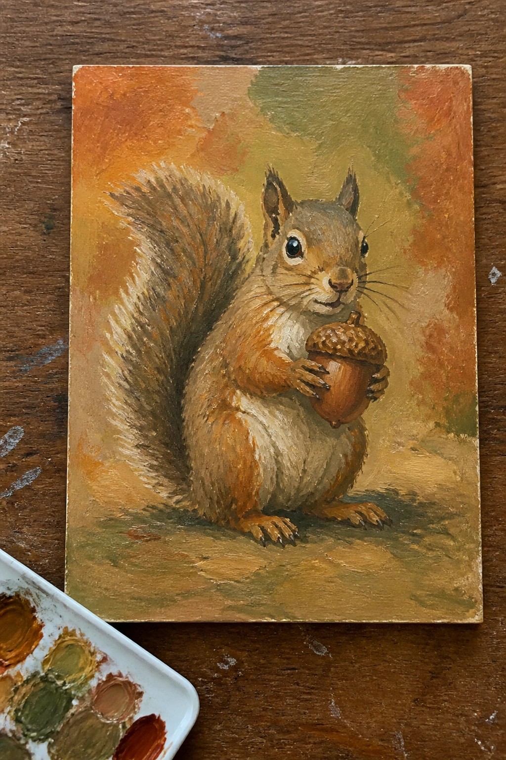 Oil painting of brown squirrel holding acorn with autumn background and palette