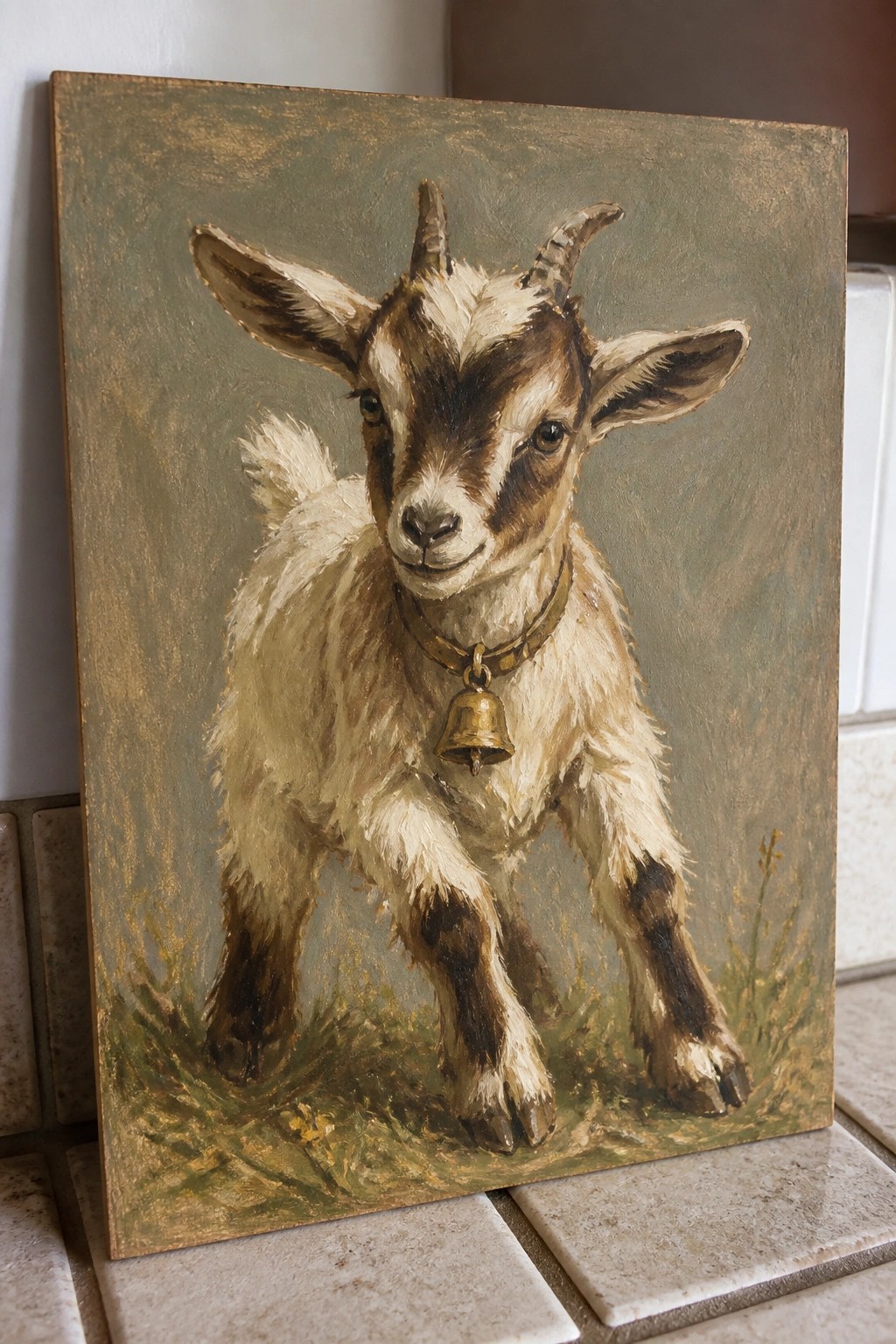Realistic oil painting of a young goat with horns and a bell collar.