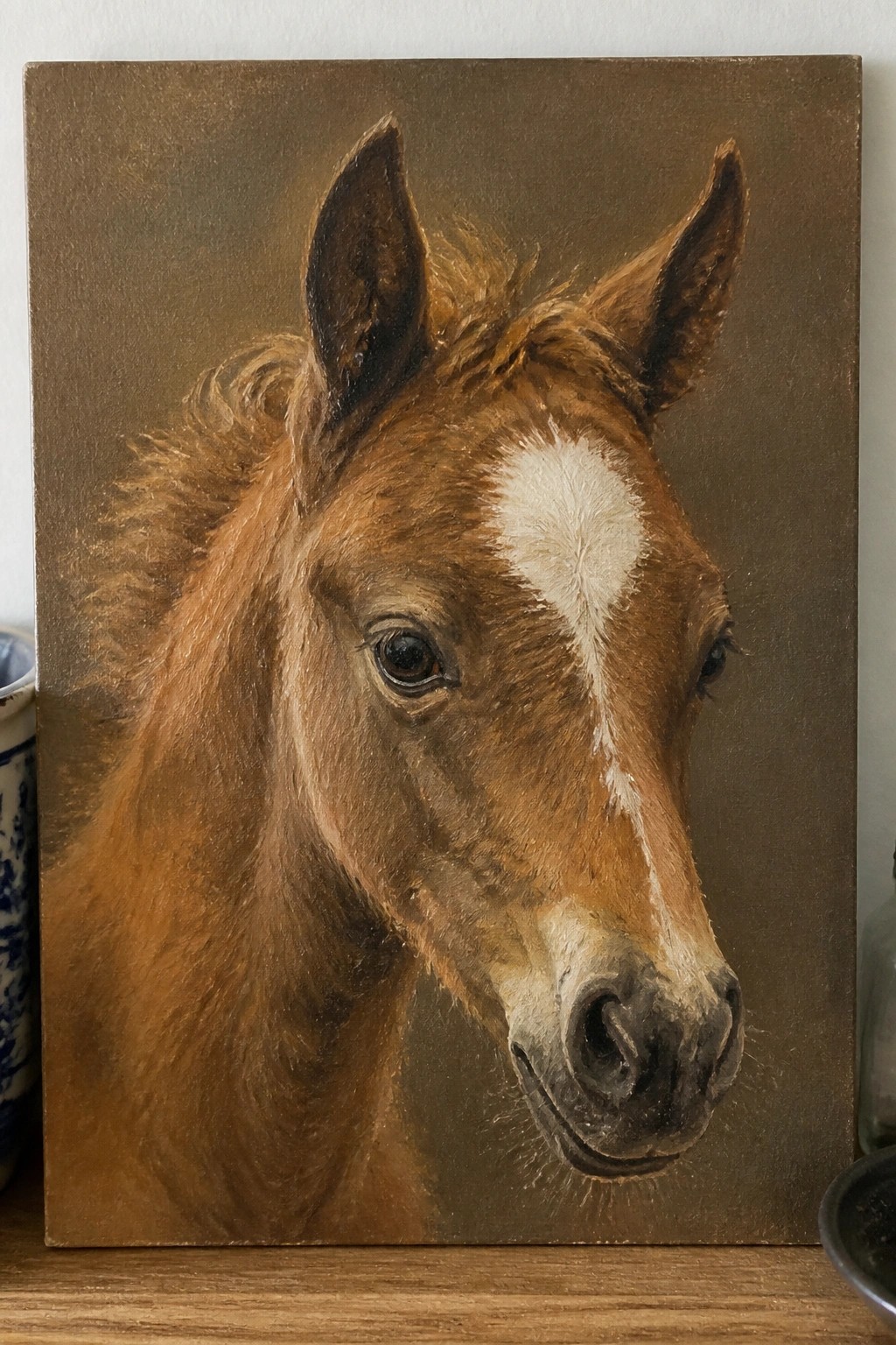 Realistic oil painting of a brown horse with white forehead blaze on canvas.