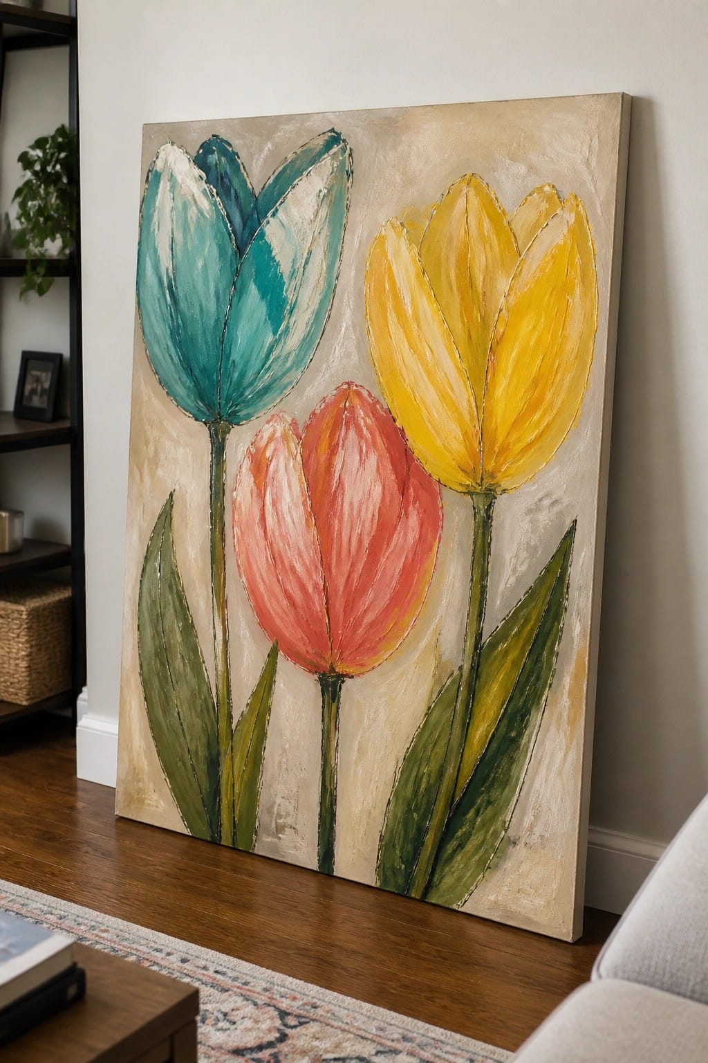 Large canvas painting of three tulips in teal, pink, and yellow on floor