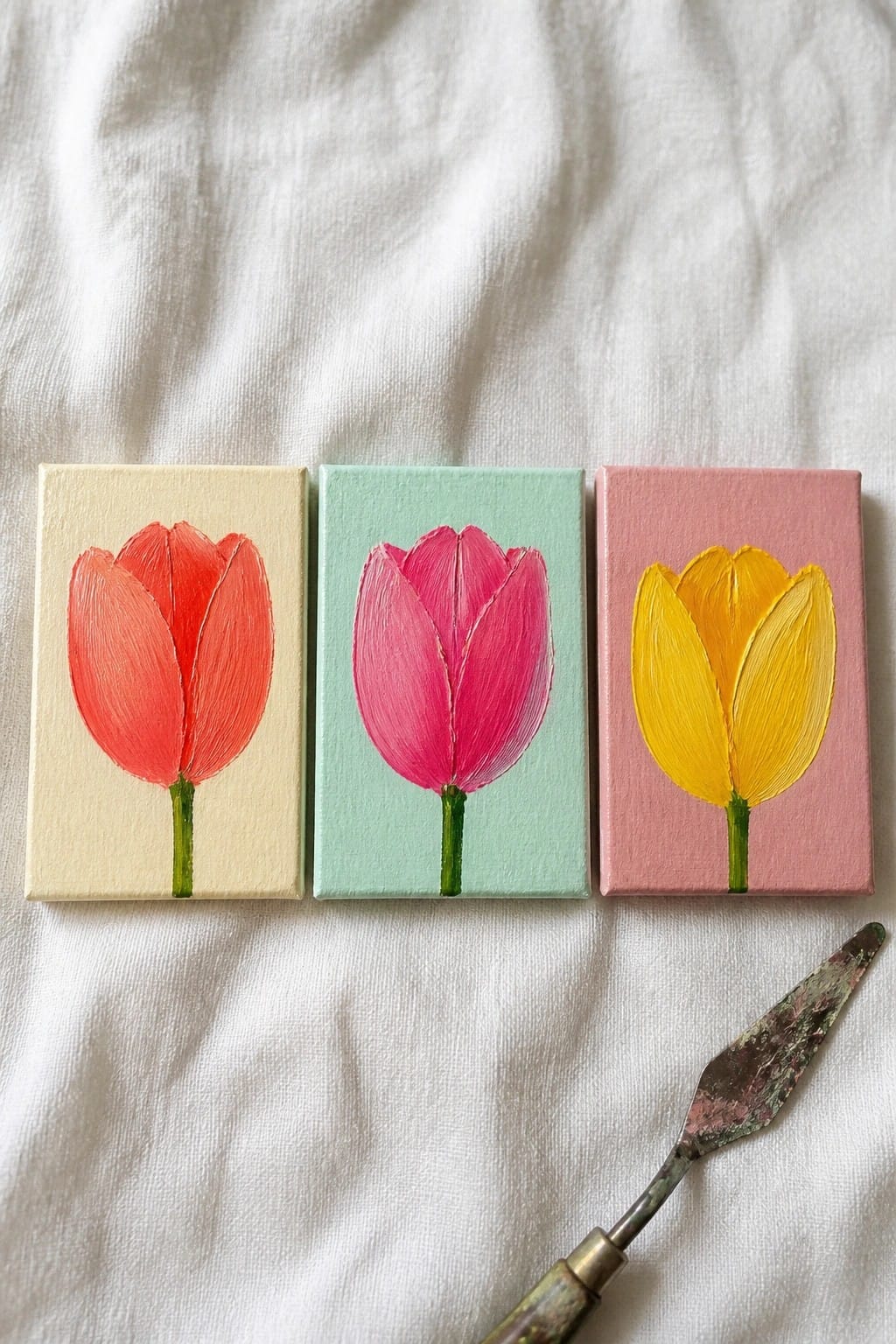 Three small tulip paintings in red, pink, and yellow on pastel canvases with palette knife