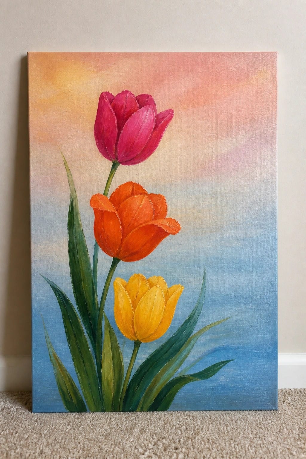 Three tulips in pink, orange, and yellow with green leaves on canvas