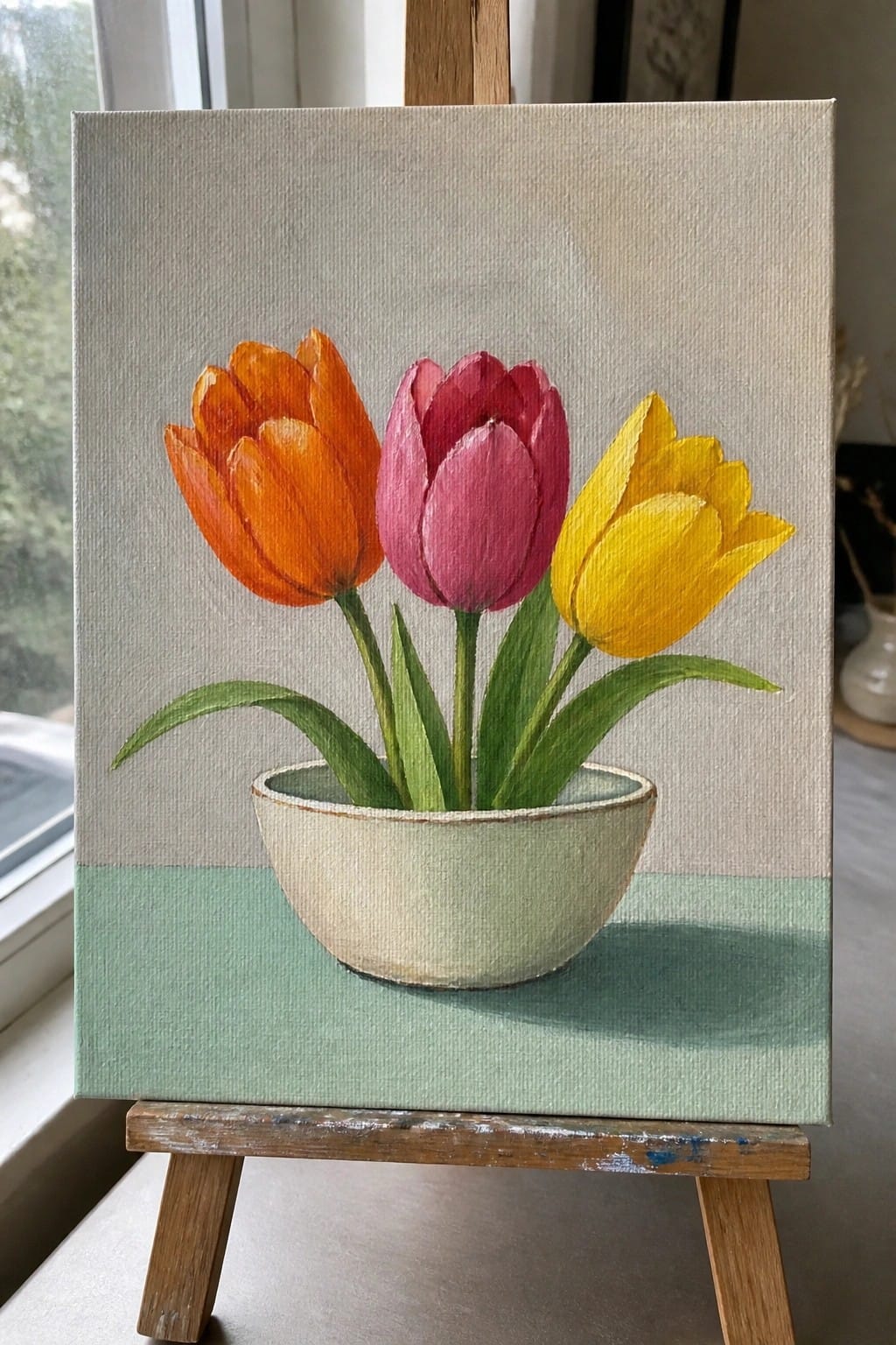 Oil painting of orange, pink, and yellow tulips in a pale green bowl on a green surface against a beige background.