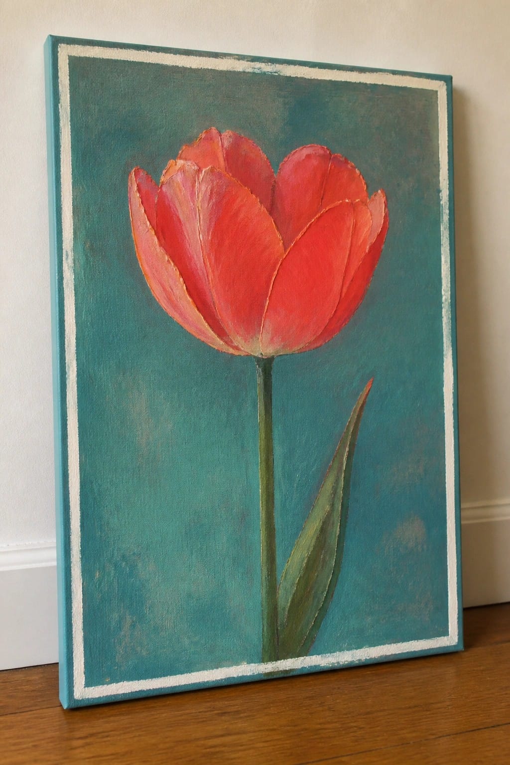 Red tulip with green stem on teal canvas with white border