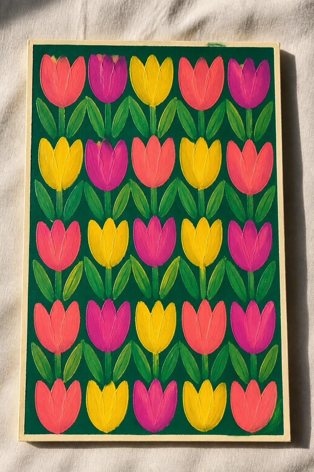 Rows of vibrant pink, yellow, and purple tulips on dark green in a frame