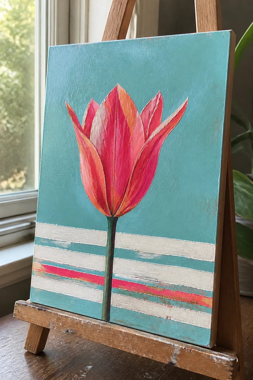 Pink tulip painting with orange accents on teal canvas with stripes on easel
