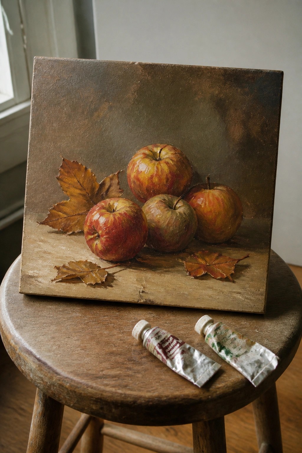 An oil painting of four apples and several dry autumn leaves arranged on a wooden board, propped on a stool with two paint tubes in front.