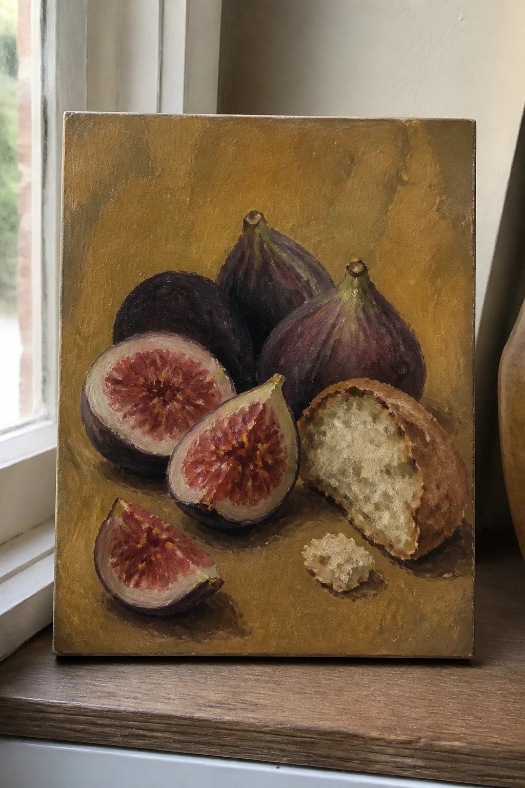 Still life oil painting of sliced purple figs and a torn bread roll on gold.