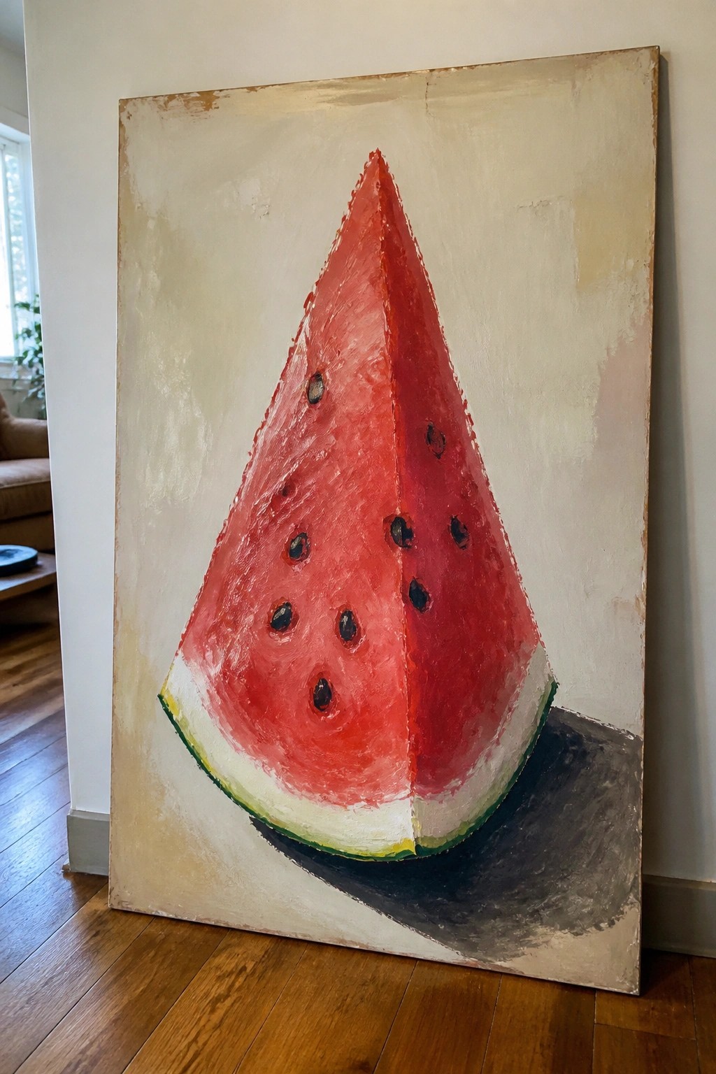 Large abstract painting of red watermelon slice with seeds on beige canvas