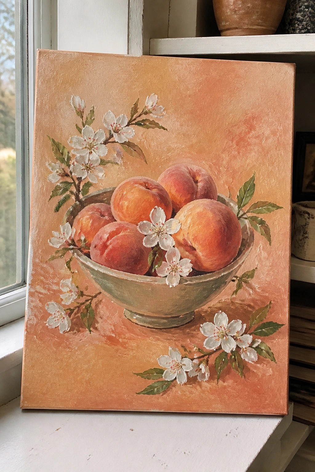Realistic painting of peaches in a bowl with white blossoms on an orange background