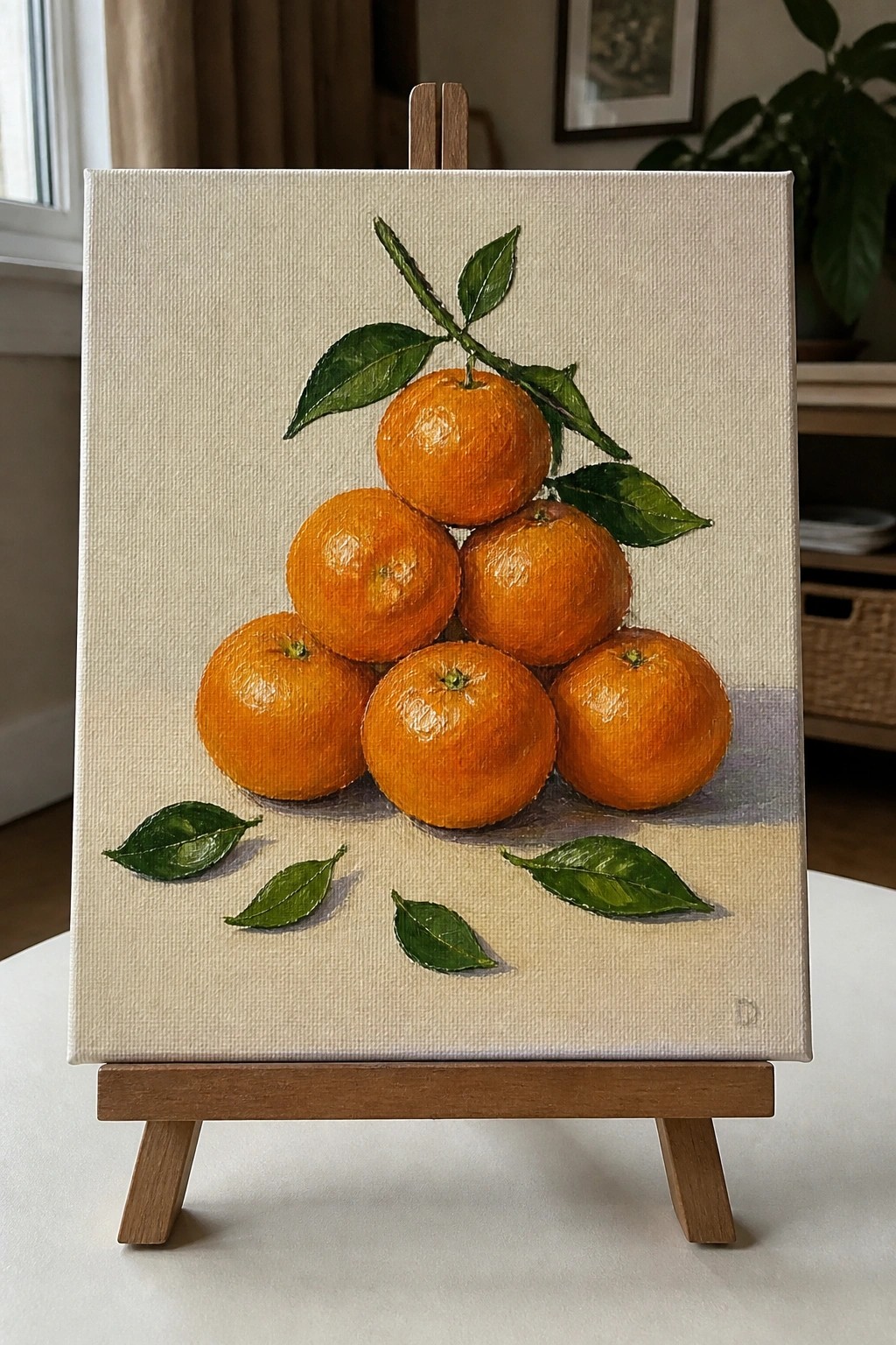 Realistic still life of stacked oranges with green leaves on canvas easel