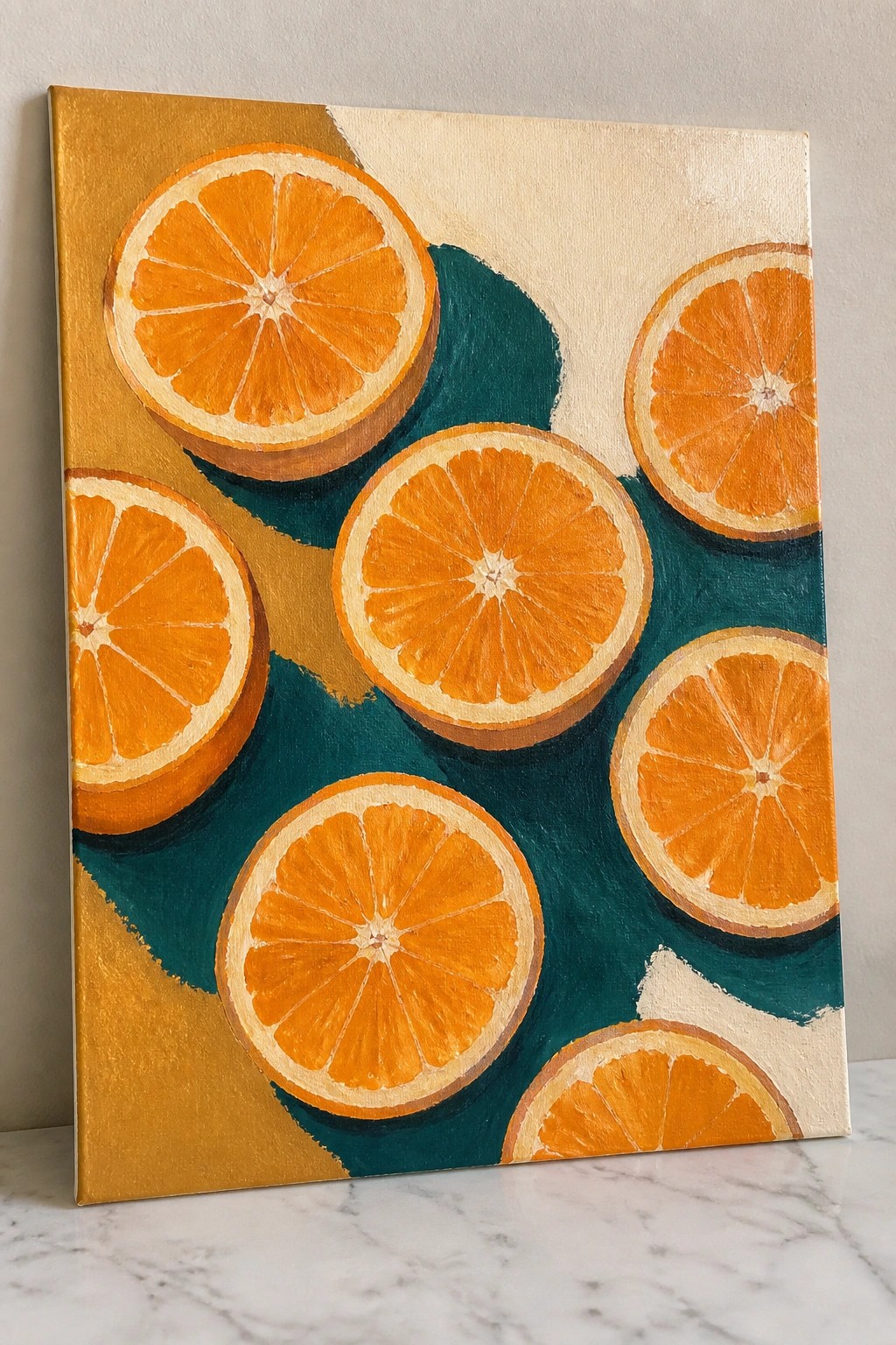 Abstract painting of sliced oranges on teal, yellow, and cream geometric background.